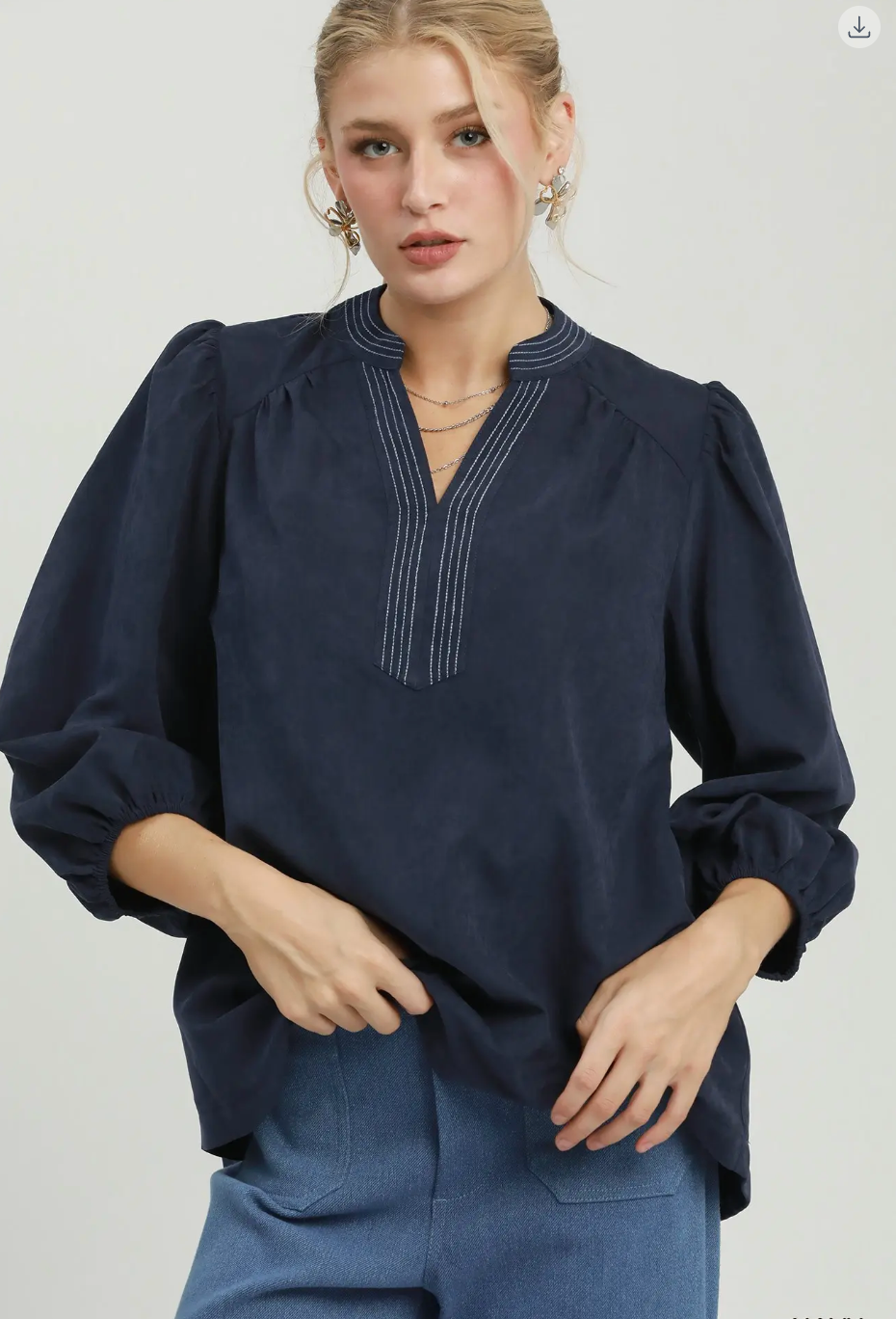 Sueded Split Neck Navy Blouse with Contrast Stitching