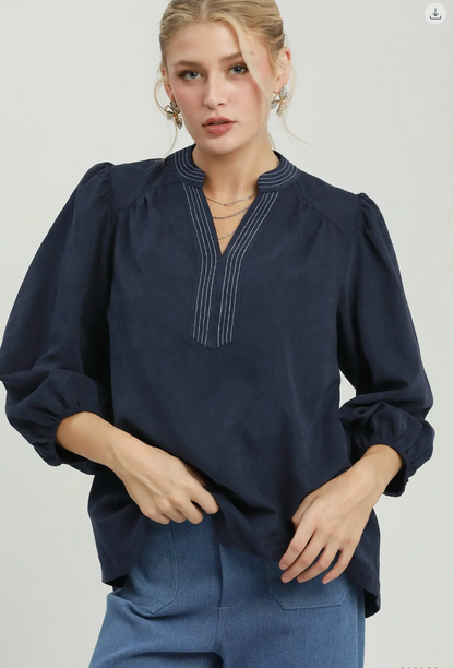 Sueded Split Neck Navy Blouse with Contrast Stitching