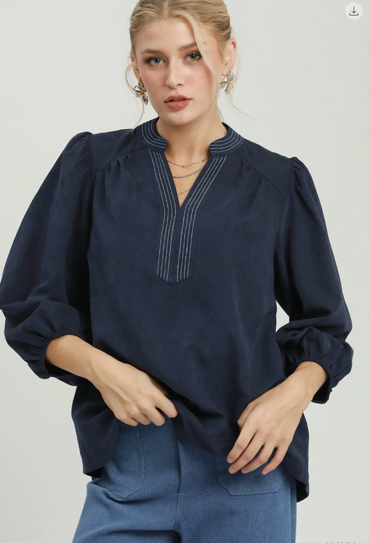 Sueded Split Neck Navy Blouse with Contrast Stitching