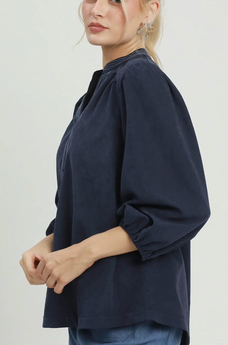 Sueded Split Neck Navy Blouse with Contrast Stitching