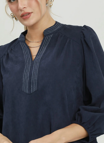 Sueded Split Neck Navy Blouse with Contrast Stitching