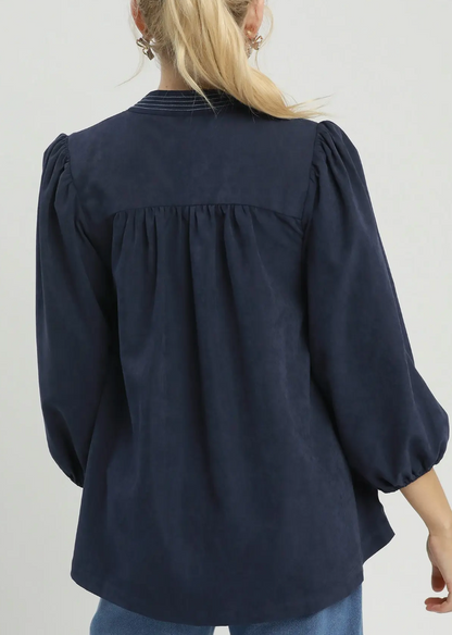 Sueded Split Neck Navy Blouse with Contrast Stitching