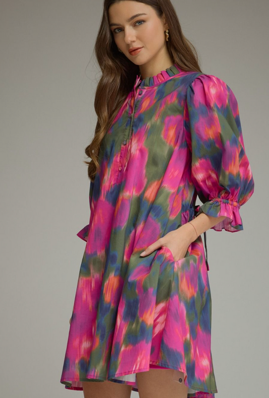 ENTRO Watercolor Print Puff Sleeve Mini Dress