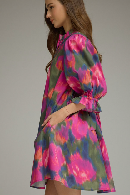 ENTRO Watercolor Print Puff Sleeve Mini Dress