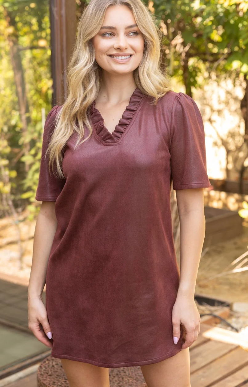 Voy Ruffled V Neck Vegan Leather Shift Dress