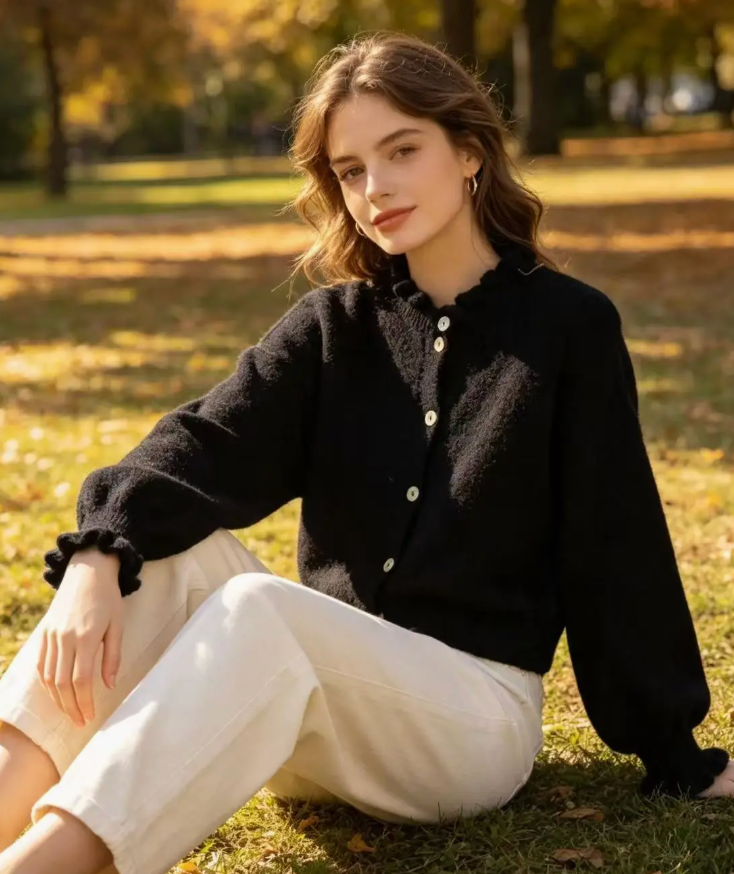 Ruffle Collar Alpaca Cardigan