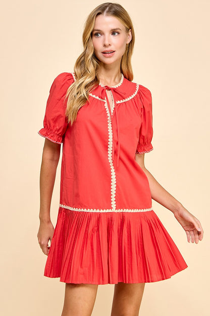 Embroidery Trim Split Neckline Dress