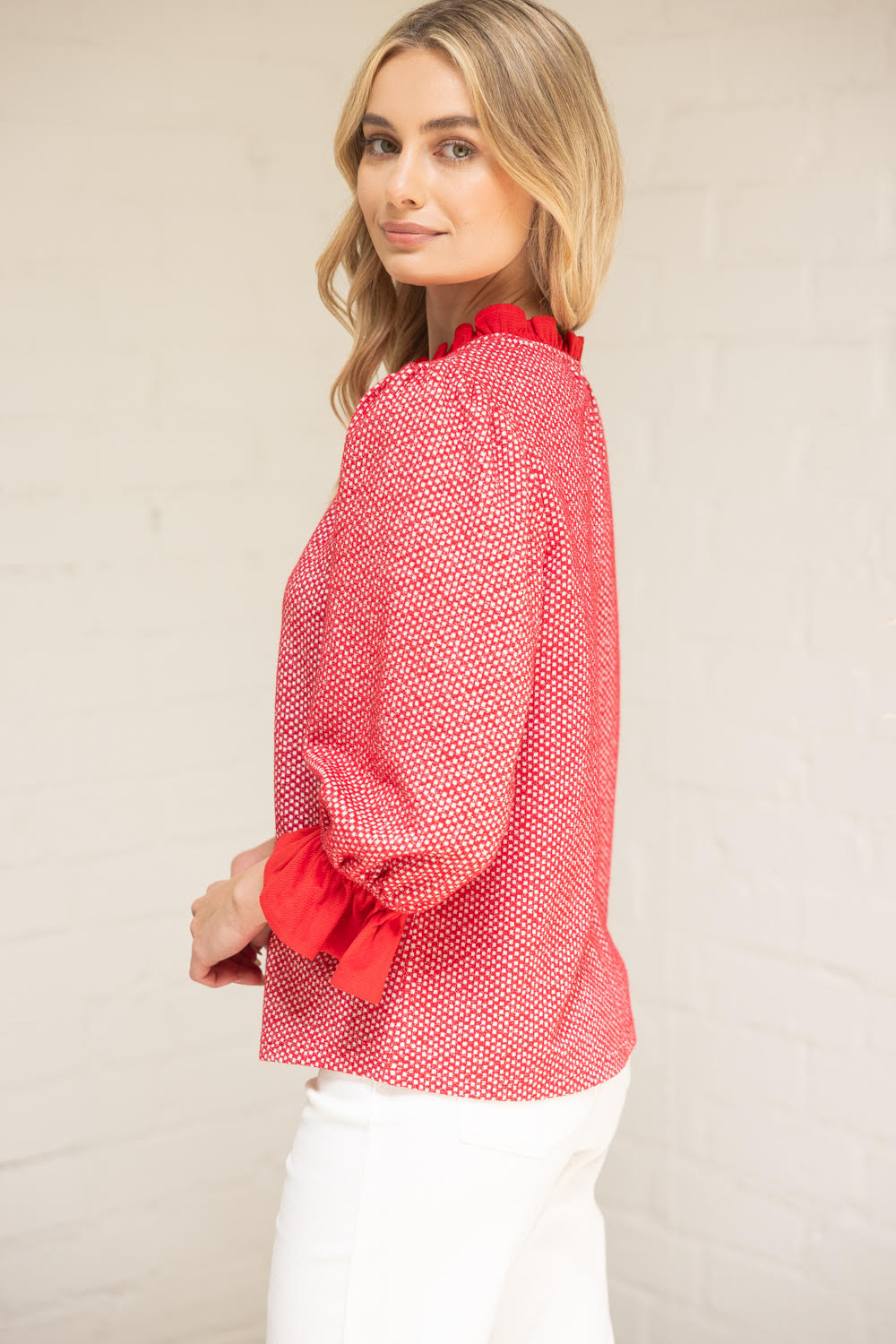 Red Ruffled Detail Textured and Speckled Knit Top