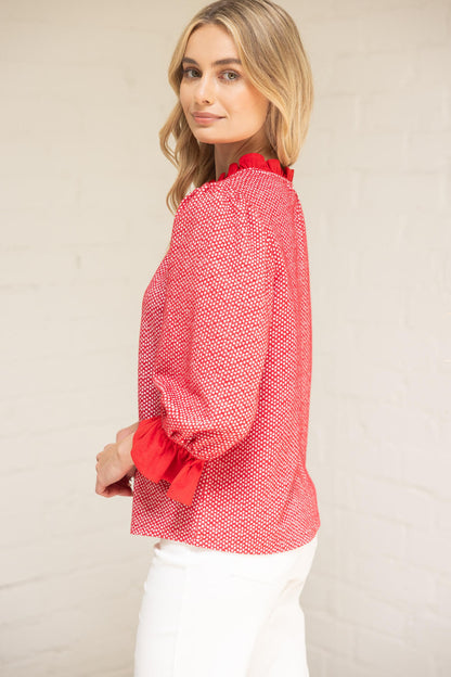 Red Ruffled Detail Textured and Speckled Knit Top