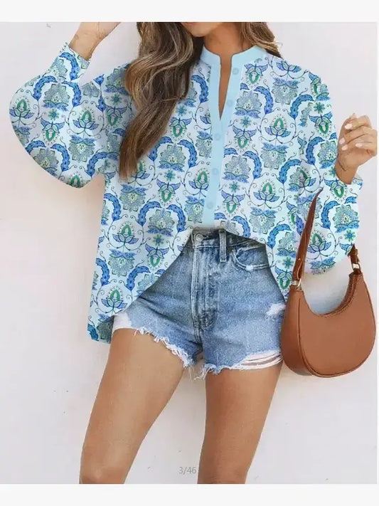 Paisley Print Puff Sleeve Loose Blouse
