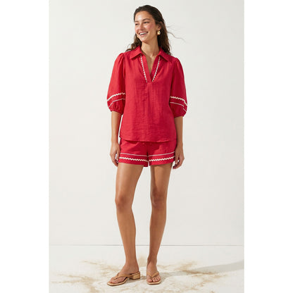 Contrast Trim Linen Blend Top / 4 colors