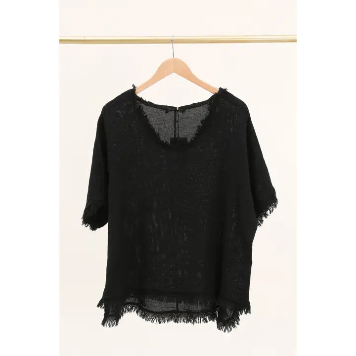 Italian Linen V Neck Fringe Short Sleeve top /  7 colors