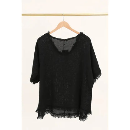 Italian Linen V Neck Fringe Short Sleeve top /  7 colors