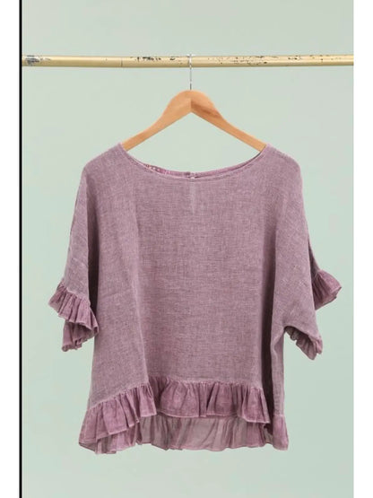 Italian Linen Ruffle Detail Short Sleeve top