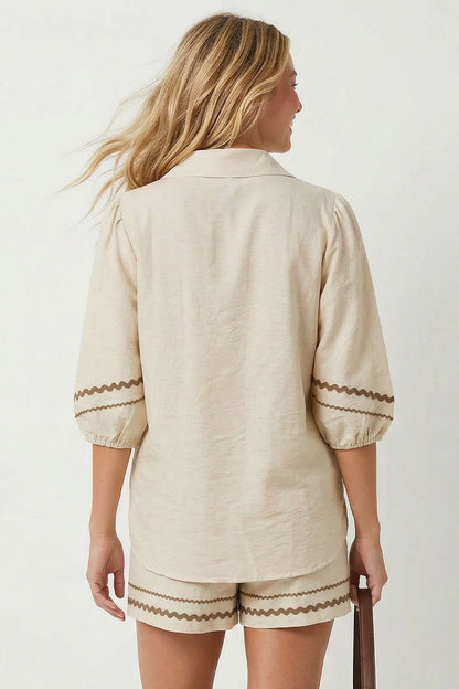 Contrast Trim Linen Blend Top / 4 colors