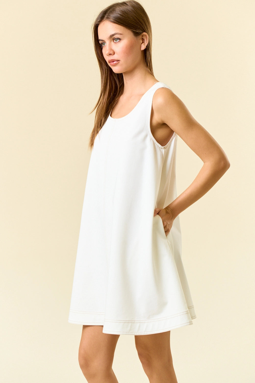 White Double Scoop Neck Contrast Top Stitched Mini Dress