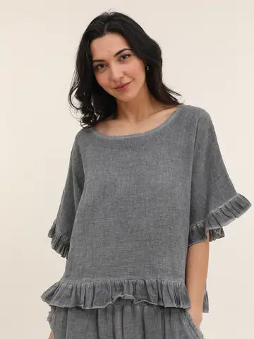 Italian Linen Ruffle Detail Short Sleeve top / 6  colors