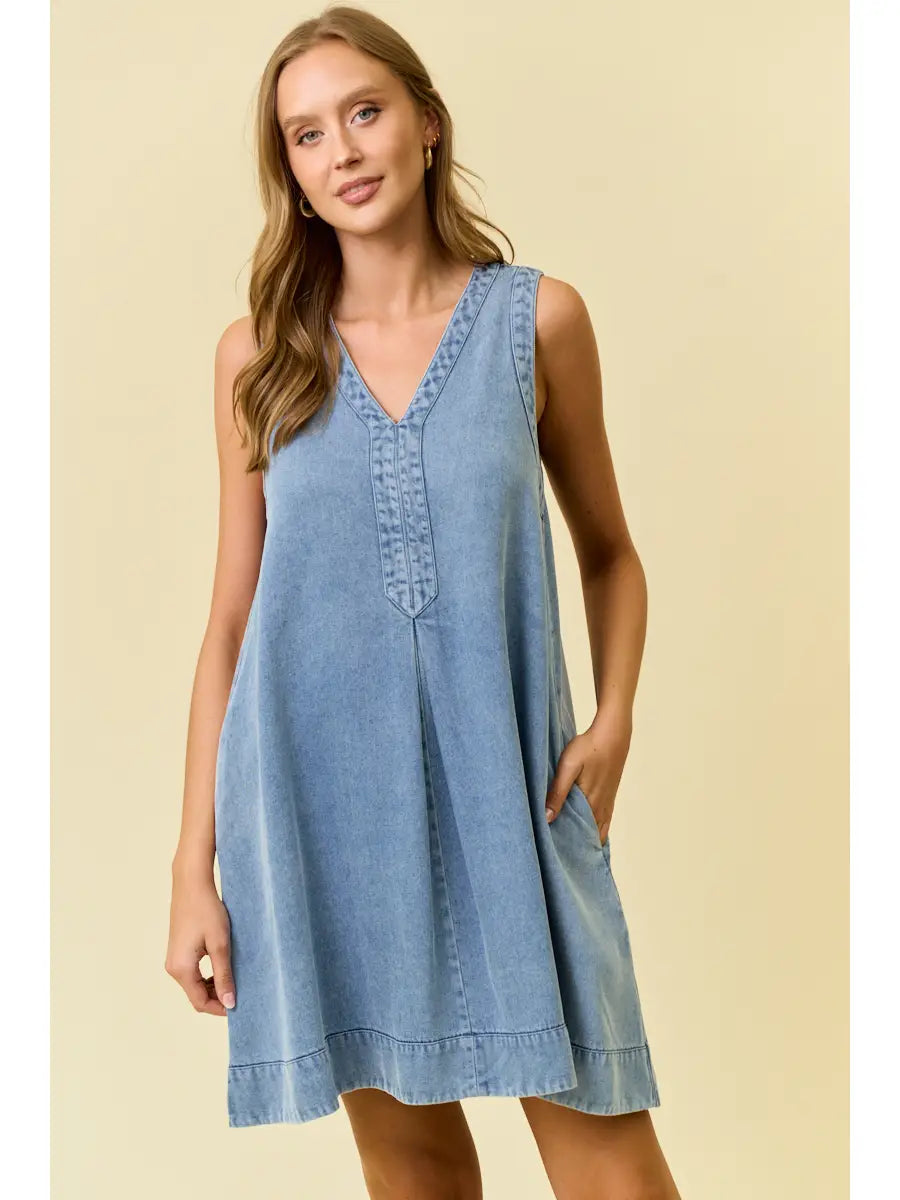 Denim V-Neck Sleeveless A-Line Dress