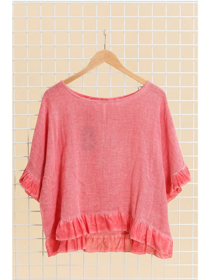 Italian Linen Ruffle Detail Short Sleeve top / 6  colors