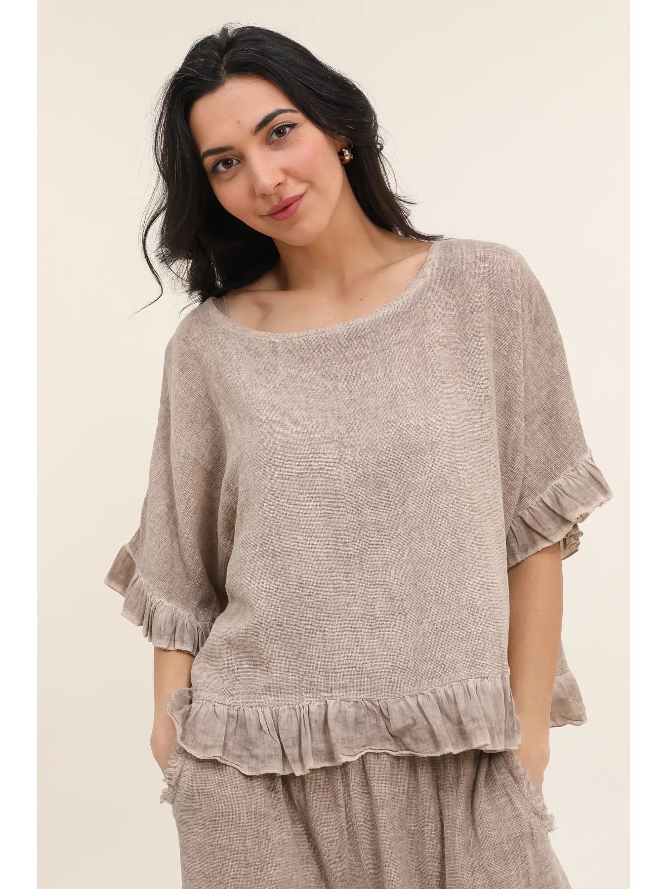 Italian Linen Ruffle Detail Short Sleeve top / 6  colors