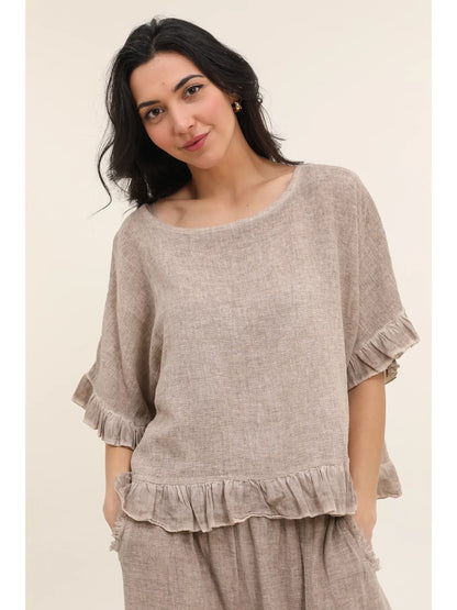 Italian Linen Ruffle Detail Short Sleeve top / 6  colors