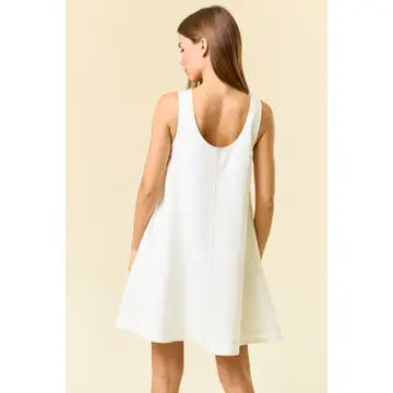 White Double Scoop Neck Contrast Top Stitched Mini Dress
