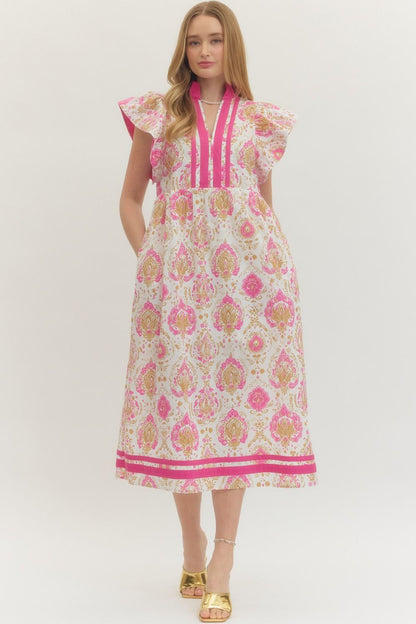 Pink Botanical print midi dress