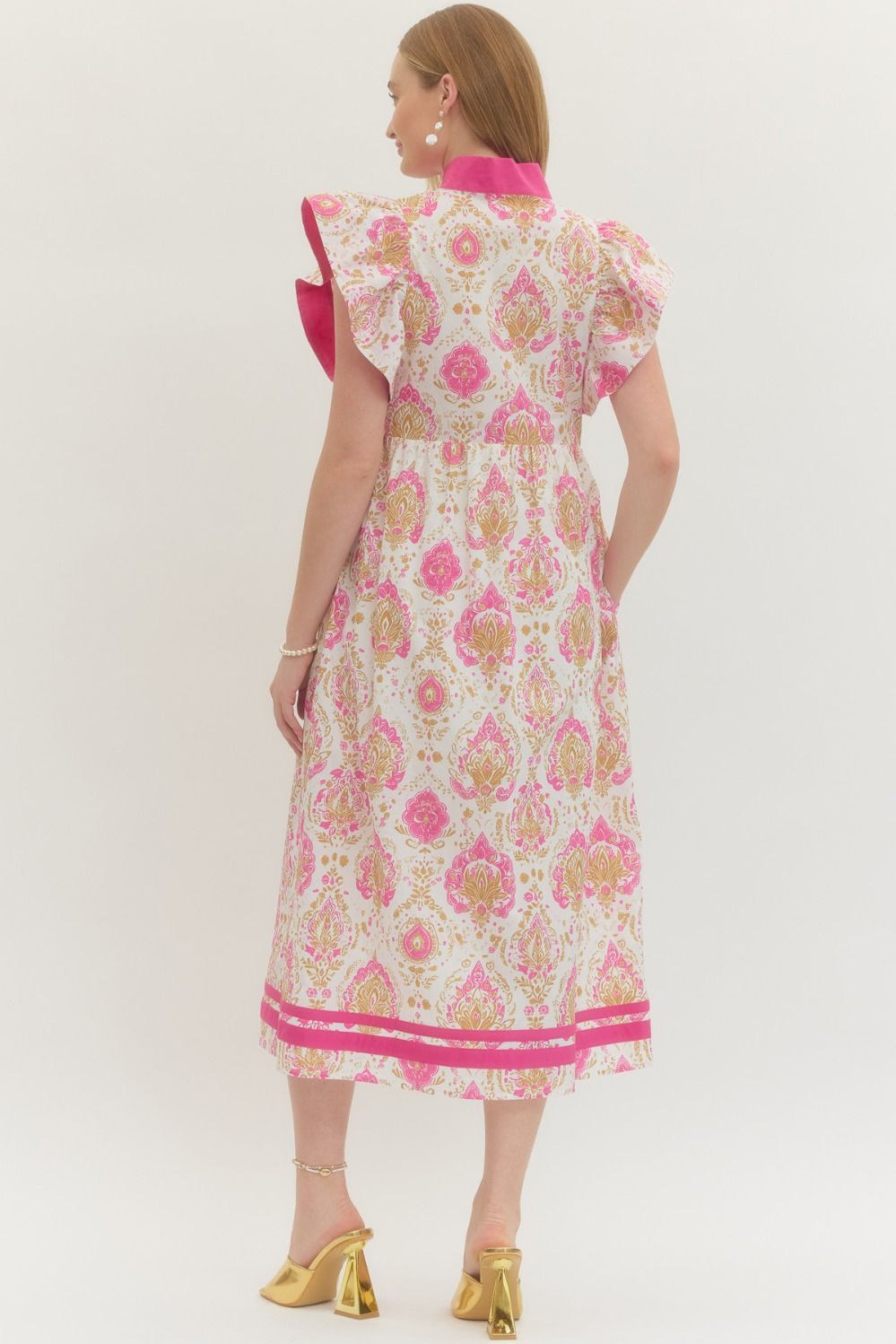 Pink Botanical print midi dress