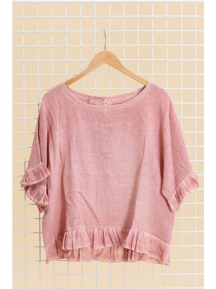 Italian Linen Ruffle Detail Short Sleeve top