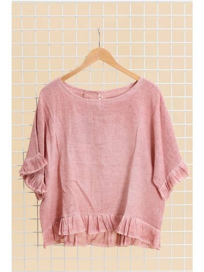 Italian Linen Ruffle Detail Short Sleeve top