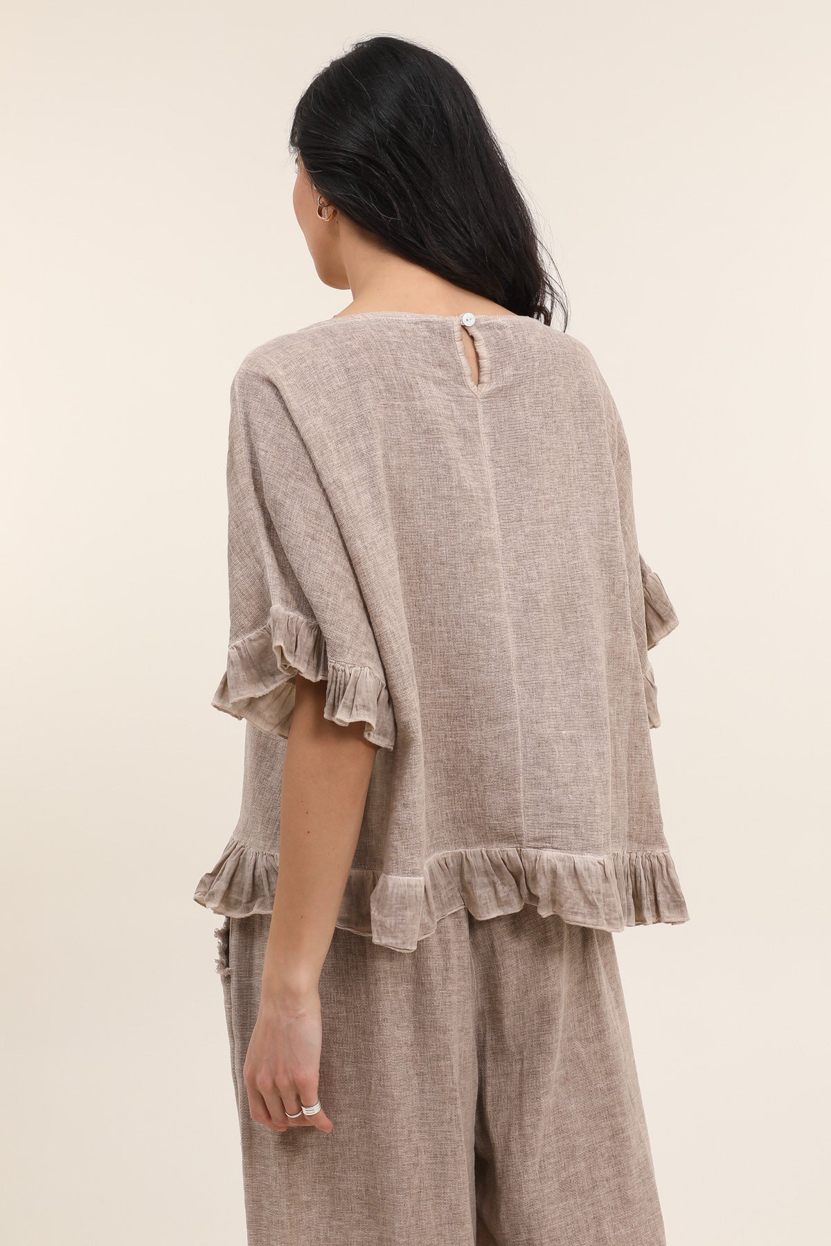Italian Linen Ruffle Detail Short Sleeve top / 6  colors