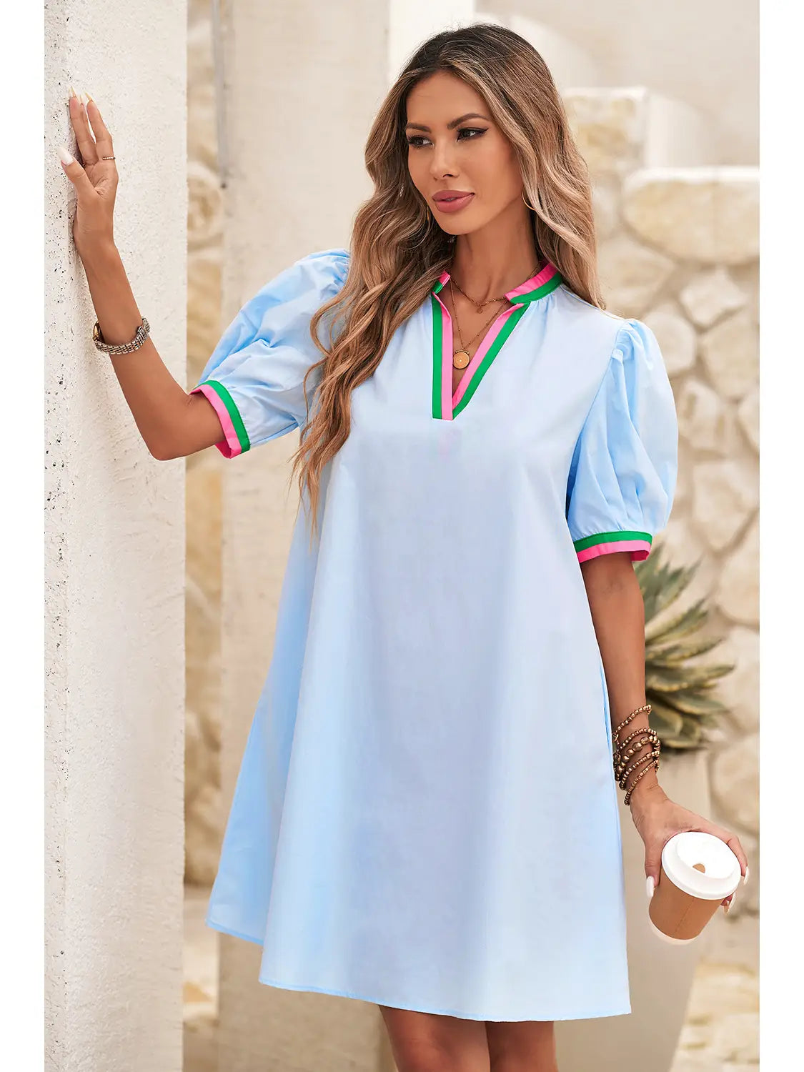 Contrast Striped Detail Notched Neck Puff Sleeve Dress