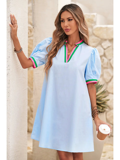 Contrast Striped Detail Notched Neck Puff Sleeve Dress