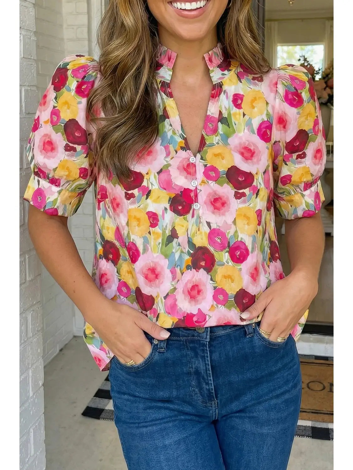 Floral Frilled V Neck Puff Short Sleeve Blouse