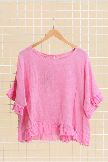 Italian Linen Ruffle Detail Short Sleeve top