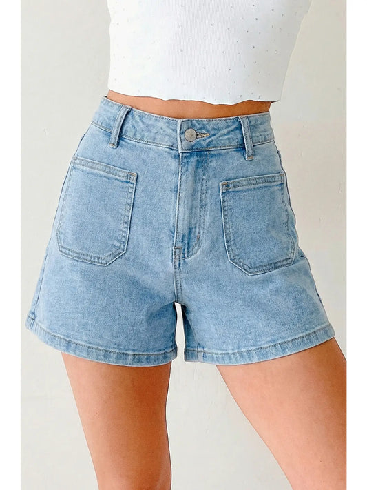 High Rise Patch Pocket Denim Shorts