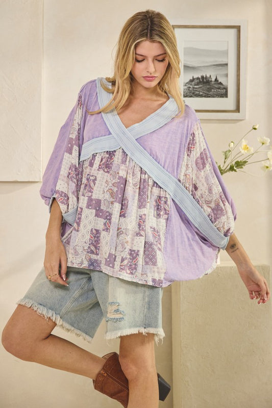 Washed Rib Crossed Patchwork Top