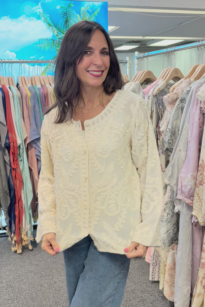 Whimsical Embroidered Button Front Shirt / White and Ivory