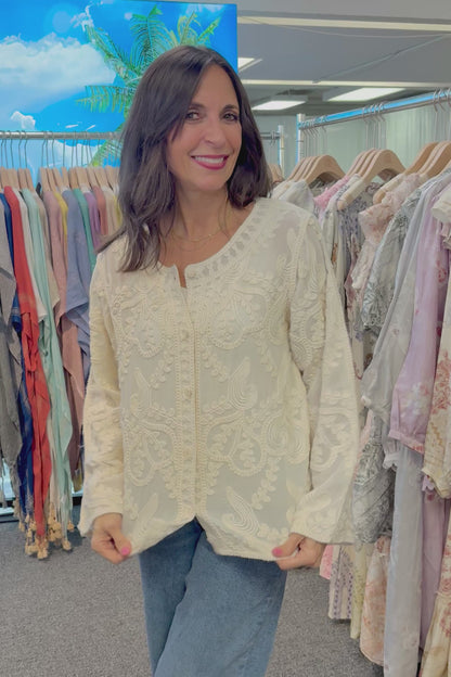 Whimsical Embroidered Button Front Shirt / White and Ivory