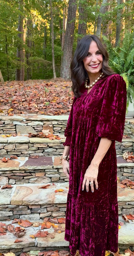 Umgee Burgundy Velvet Tiered Midi Dress