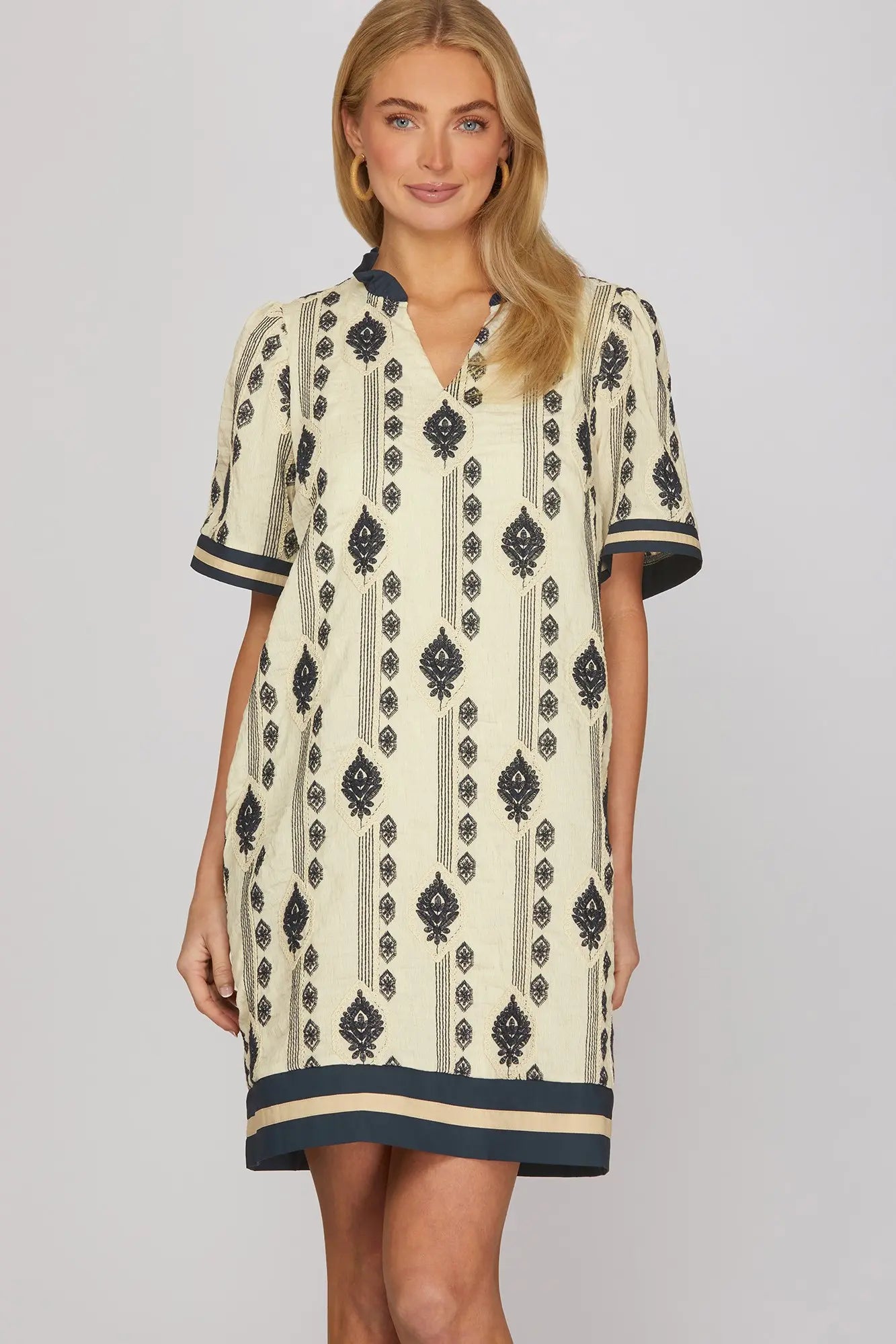 Navy Short Sleeved Woven Embroidered Dress