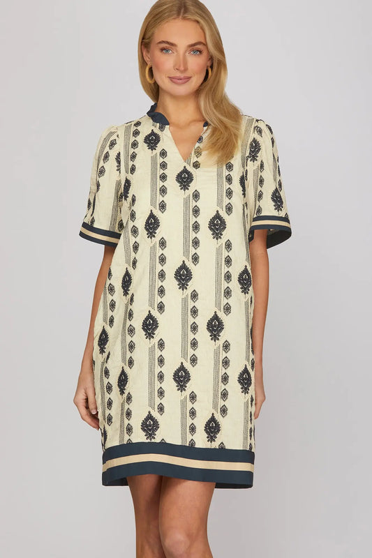 Navy Short Sleeved Woven Embroidered Dress