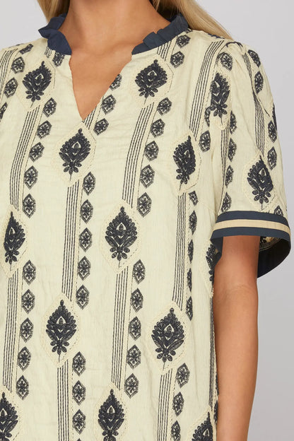 Navy Short Sleeved Woven Embroidered Dress