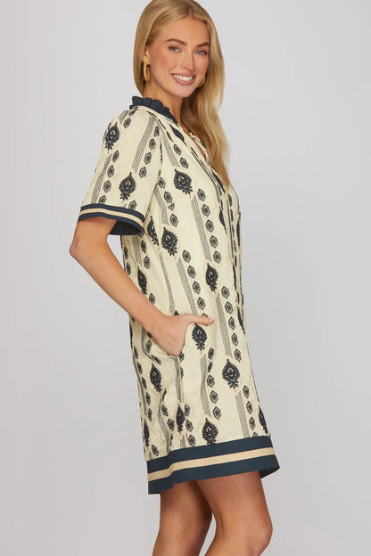 Navy Short Sleeved Woven Embroidered Dress