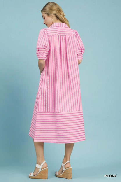 Striped Puff Sleeve Midi Dress