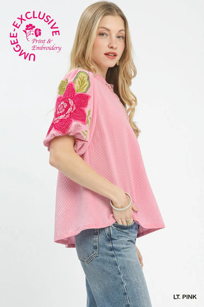 Textured Jacquard V-Neck Bubble Sleeve Top