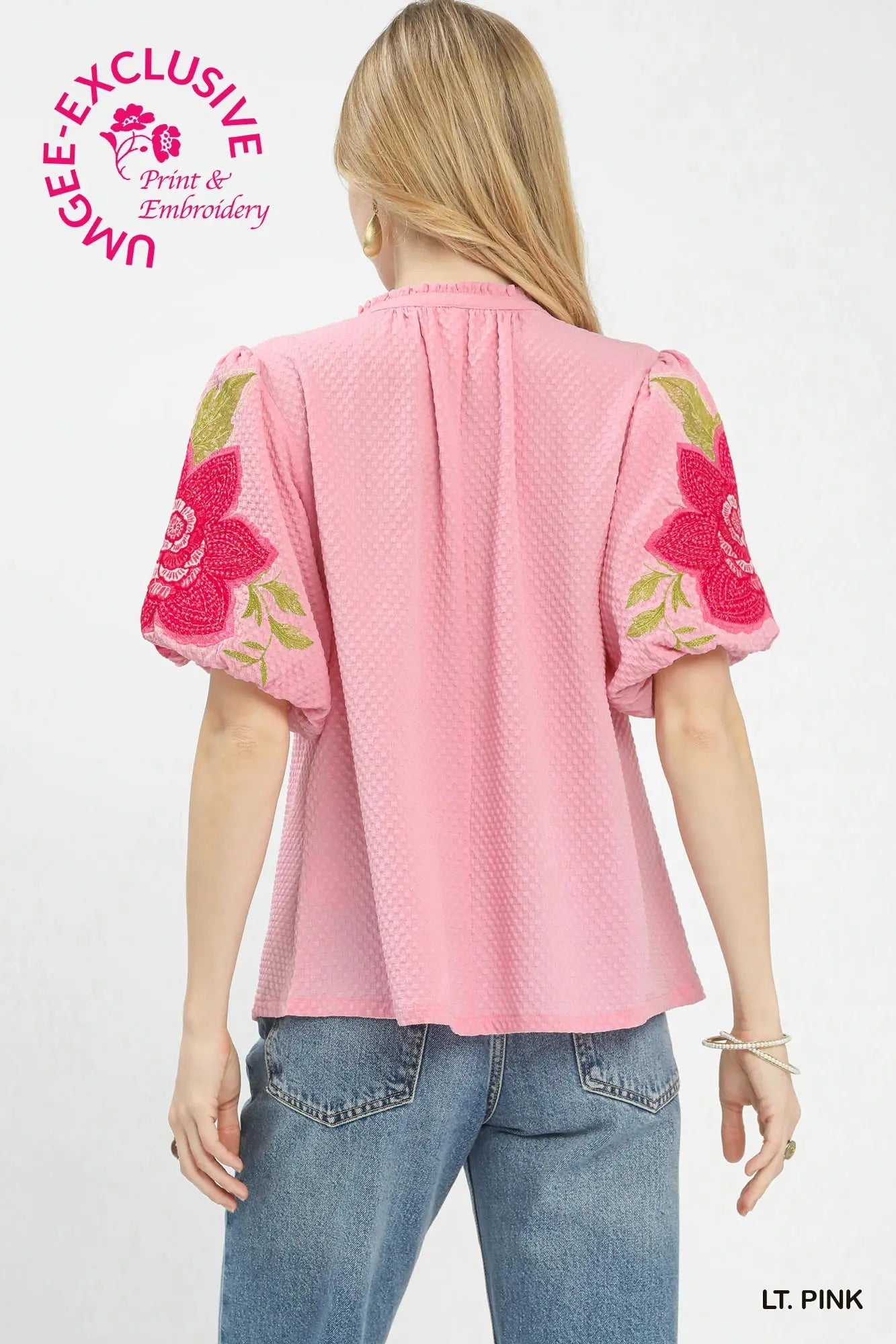 Textured Jacquard V-Neck Bubble Sleeve Top