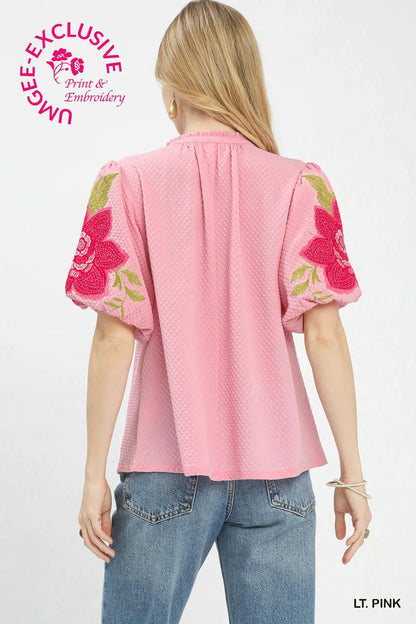 Textured Jacquard V-Neck Bubble Sleeve Top