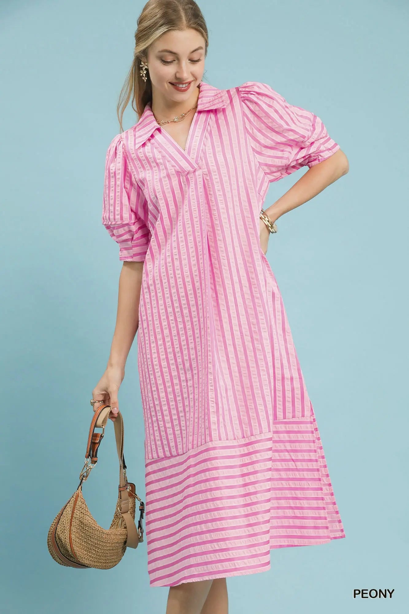 Striped Puff Sleeve Midi Dress
