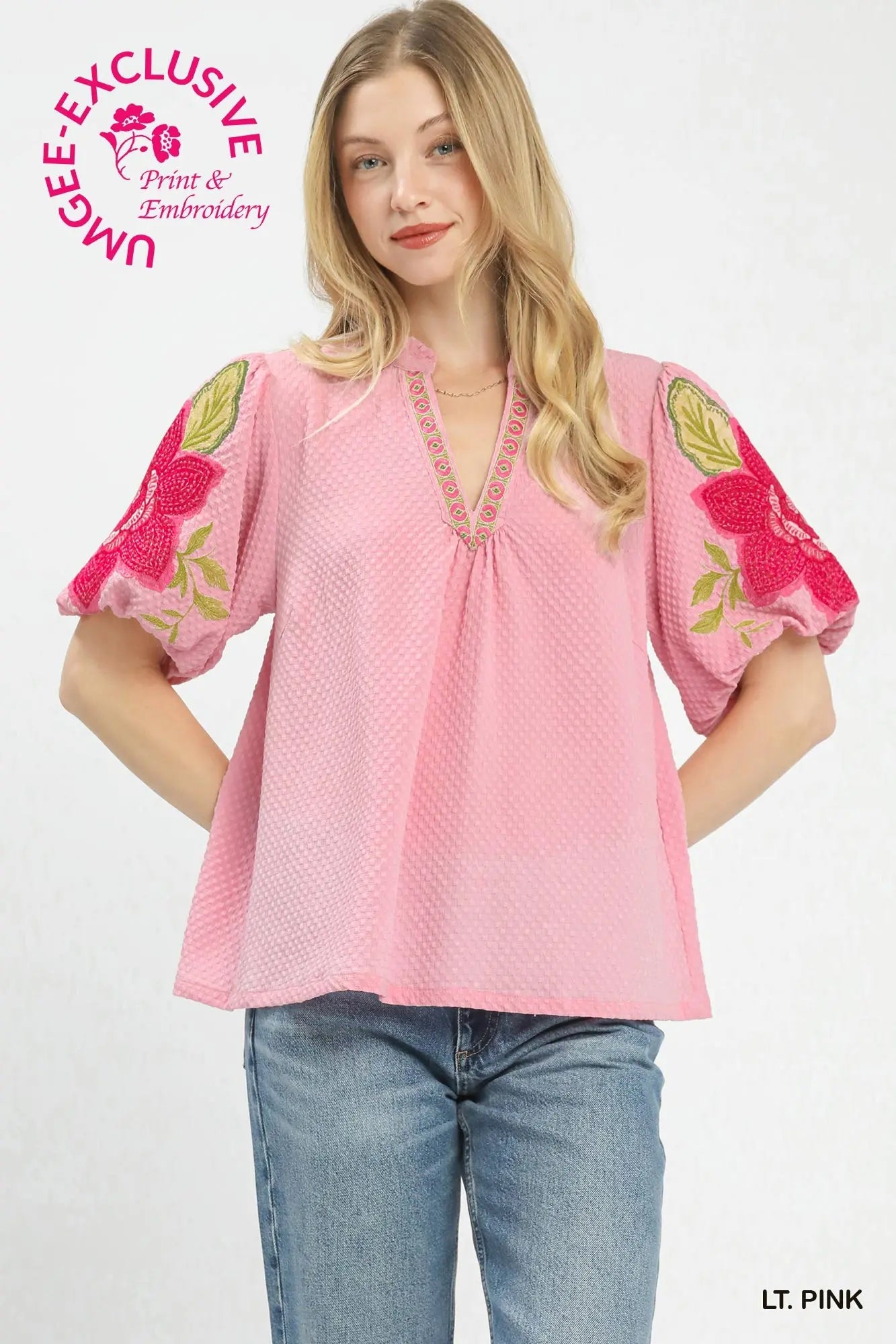 Textured Jacquard V-Neck Bubble Sleeve Top